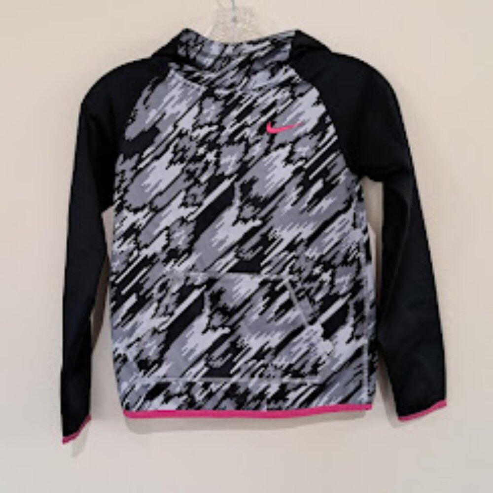 Nike Girls Small Hoodie black camo zebra stripes with pink check and trim